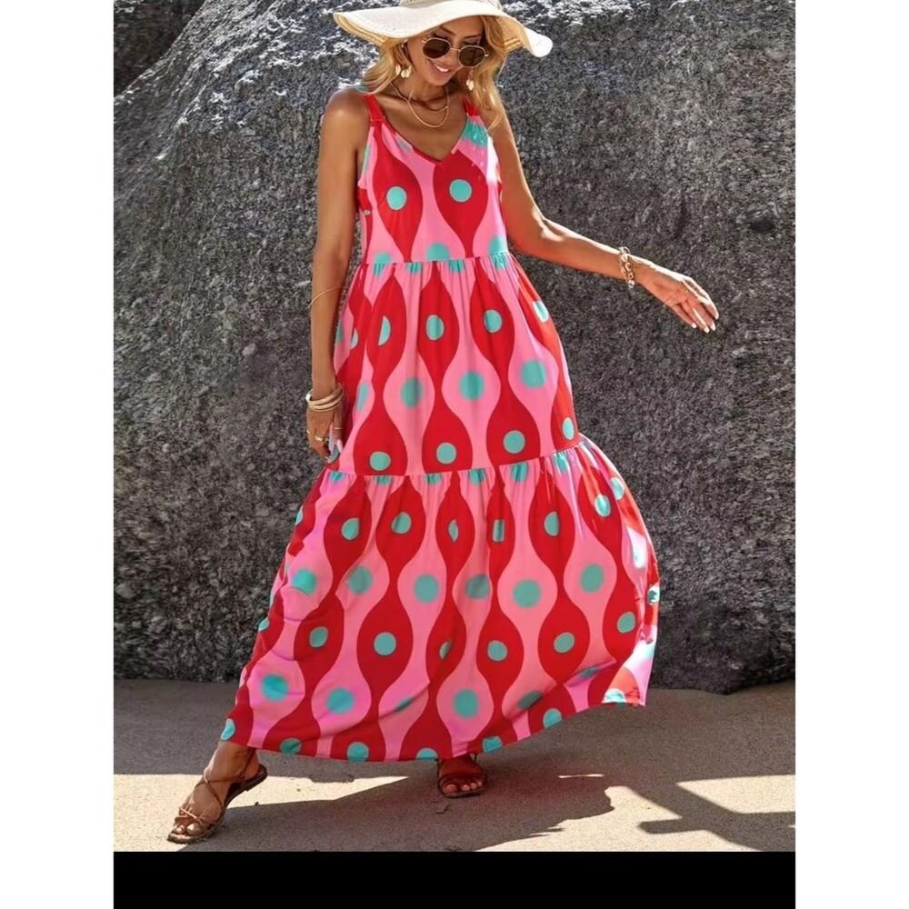 Shein 3X Maxi Dress Ruffle Hem Pink Geo Print 2351-